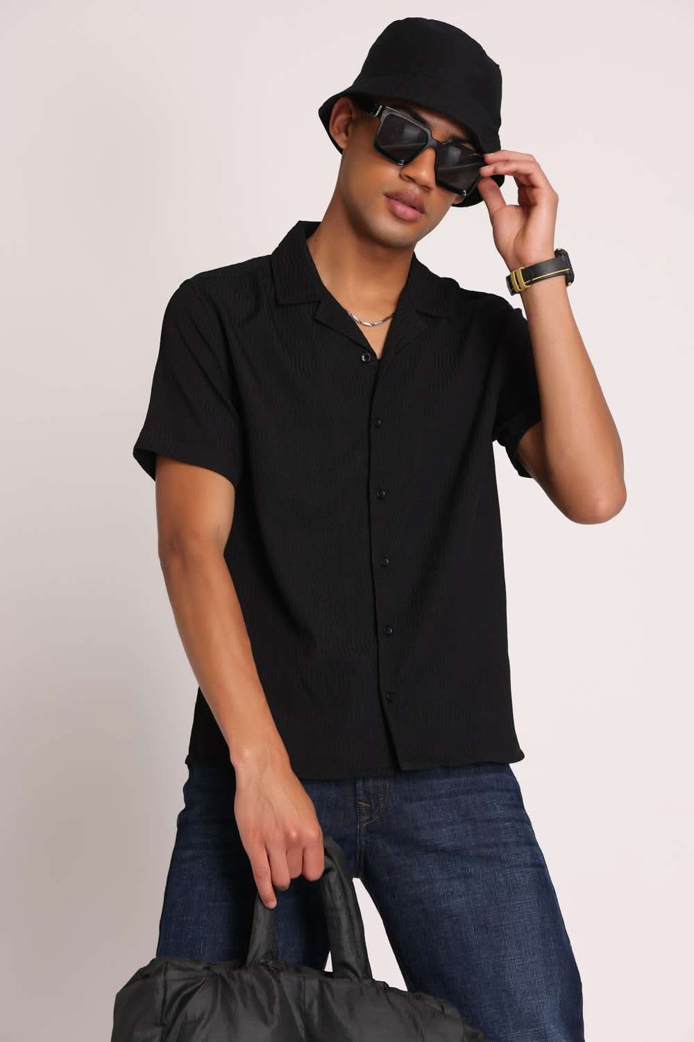 Mens Black Resort Collar Shirt