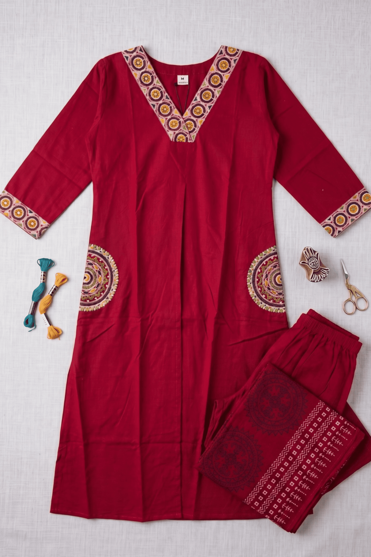 ETHNIC EMBROIDERY CORD SET- Maroon
