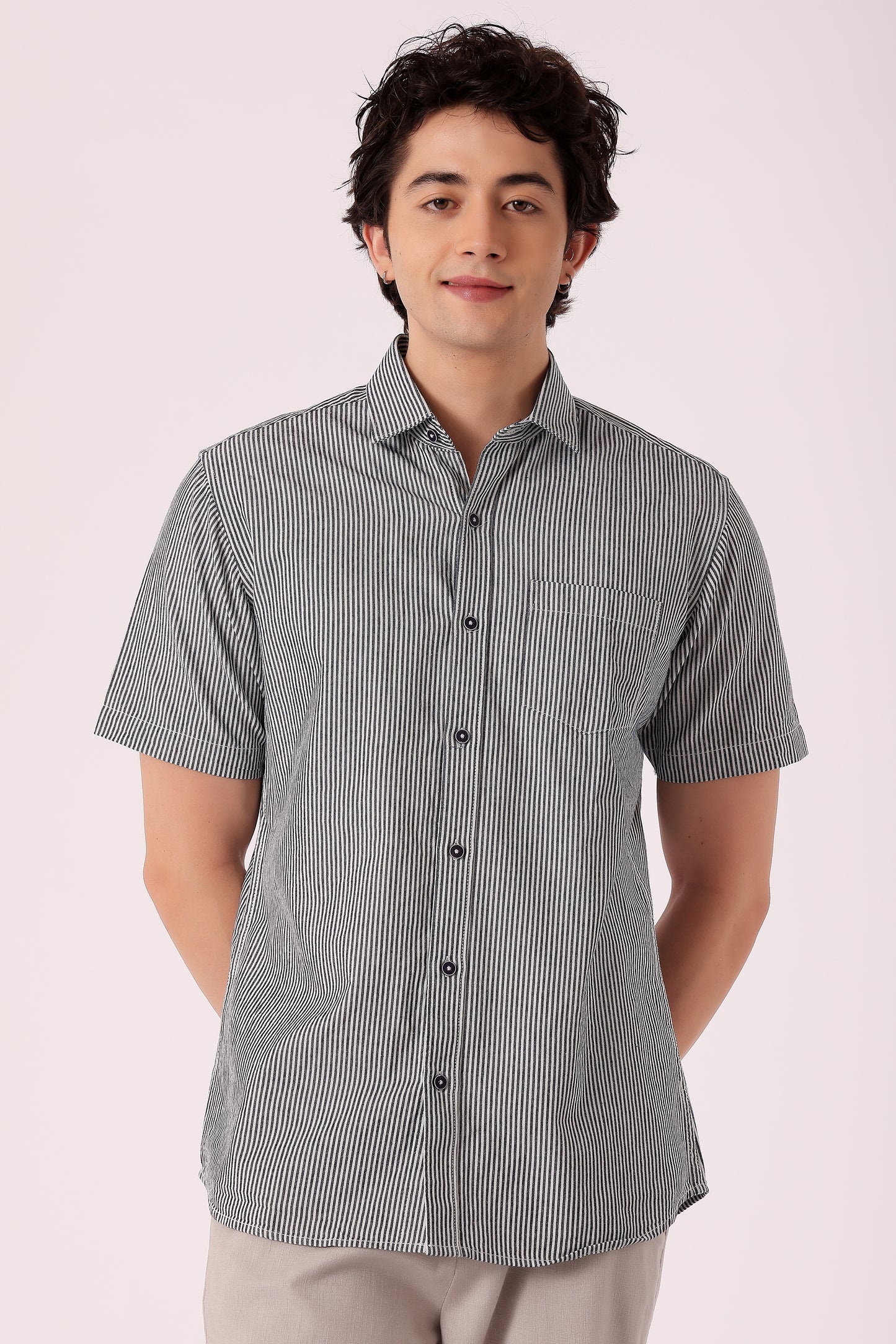 Men's cotton Stripe Shirt Half Sleeve - Black