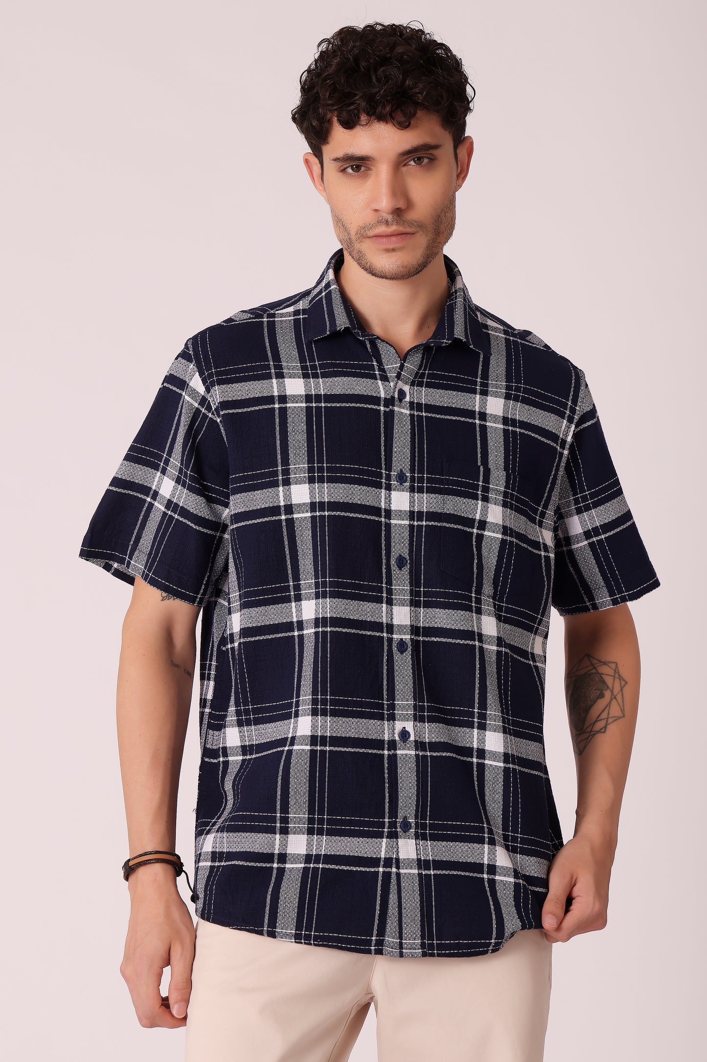 Men's cotton Checks Shirt Half Sleeve - Navy