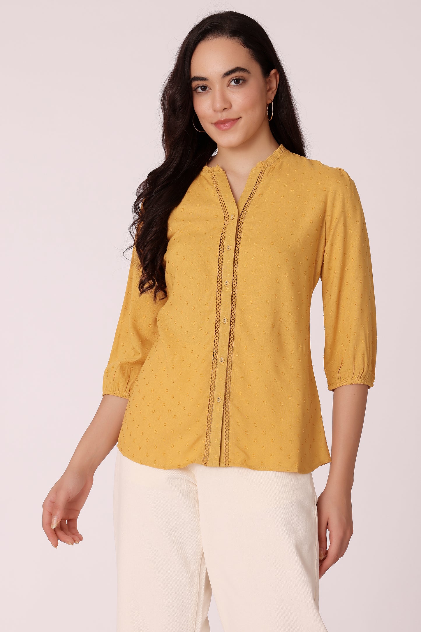 women textured lace shirt - Mustard