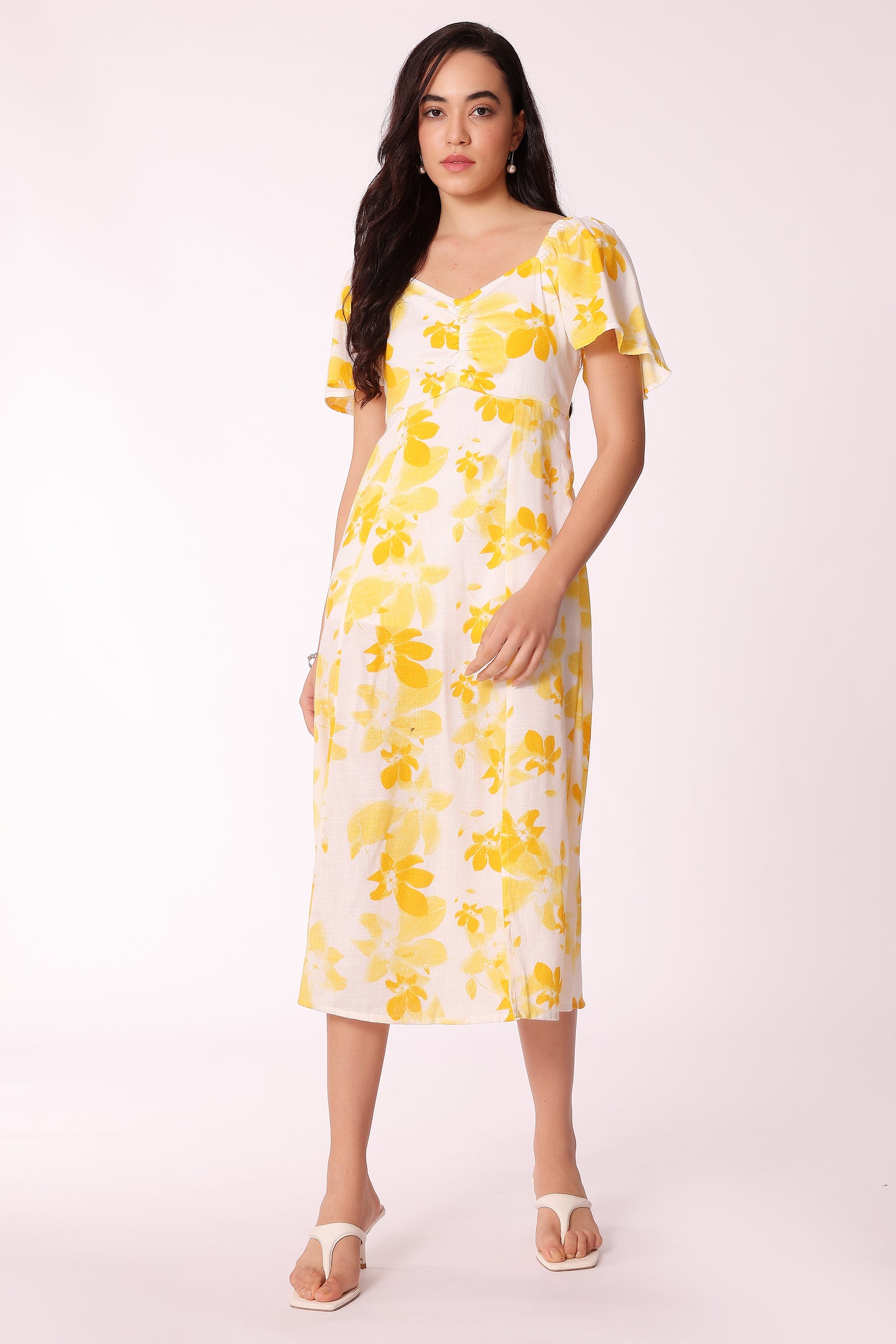 women square neck puff sleeve floral dress - Yellow