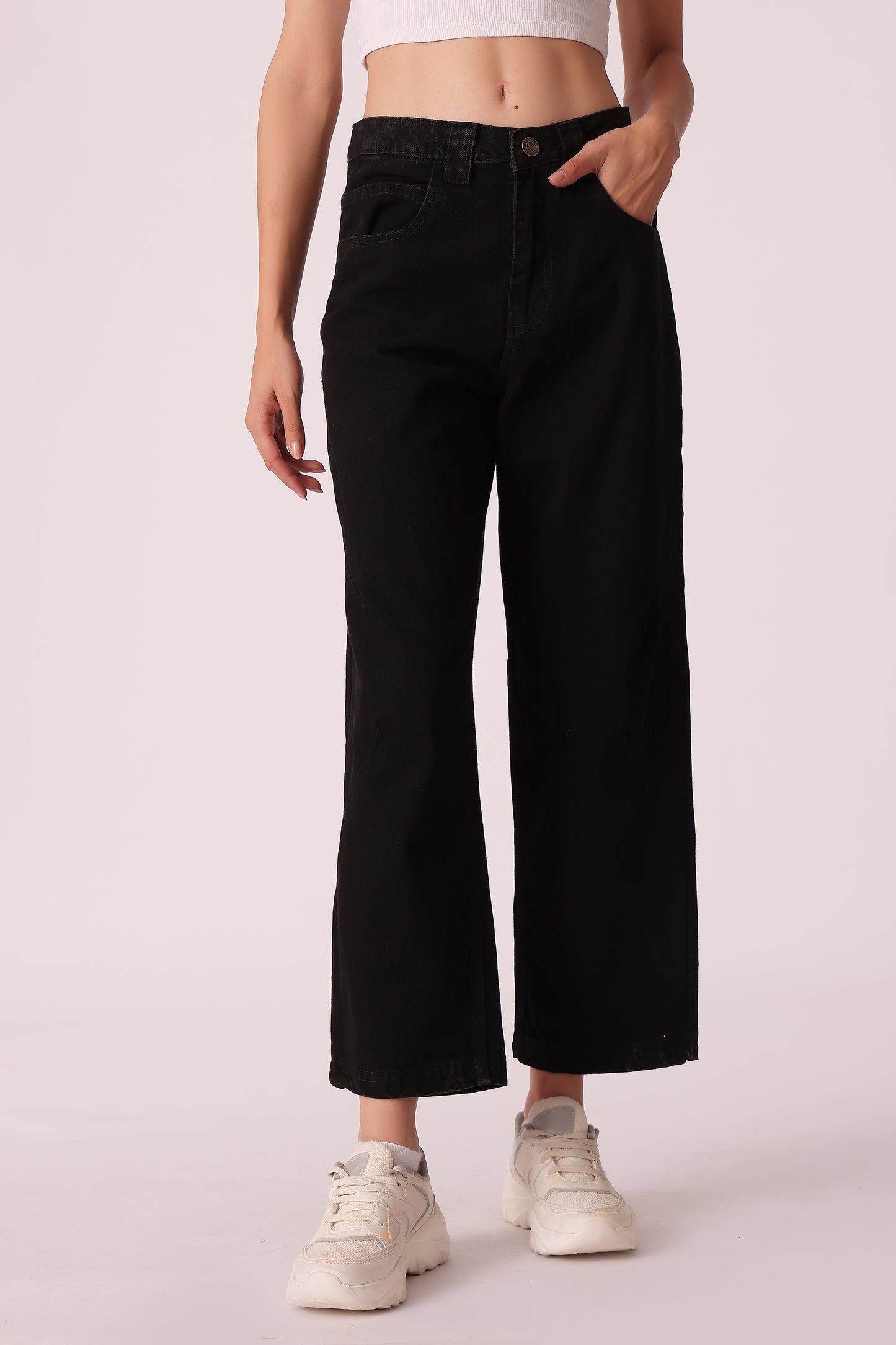 women baggy barrel fit jeans - Jet Black