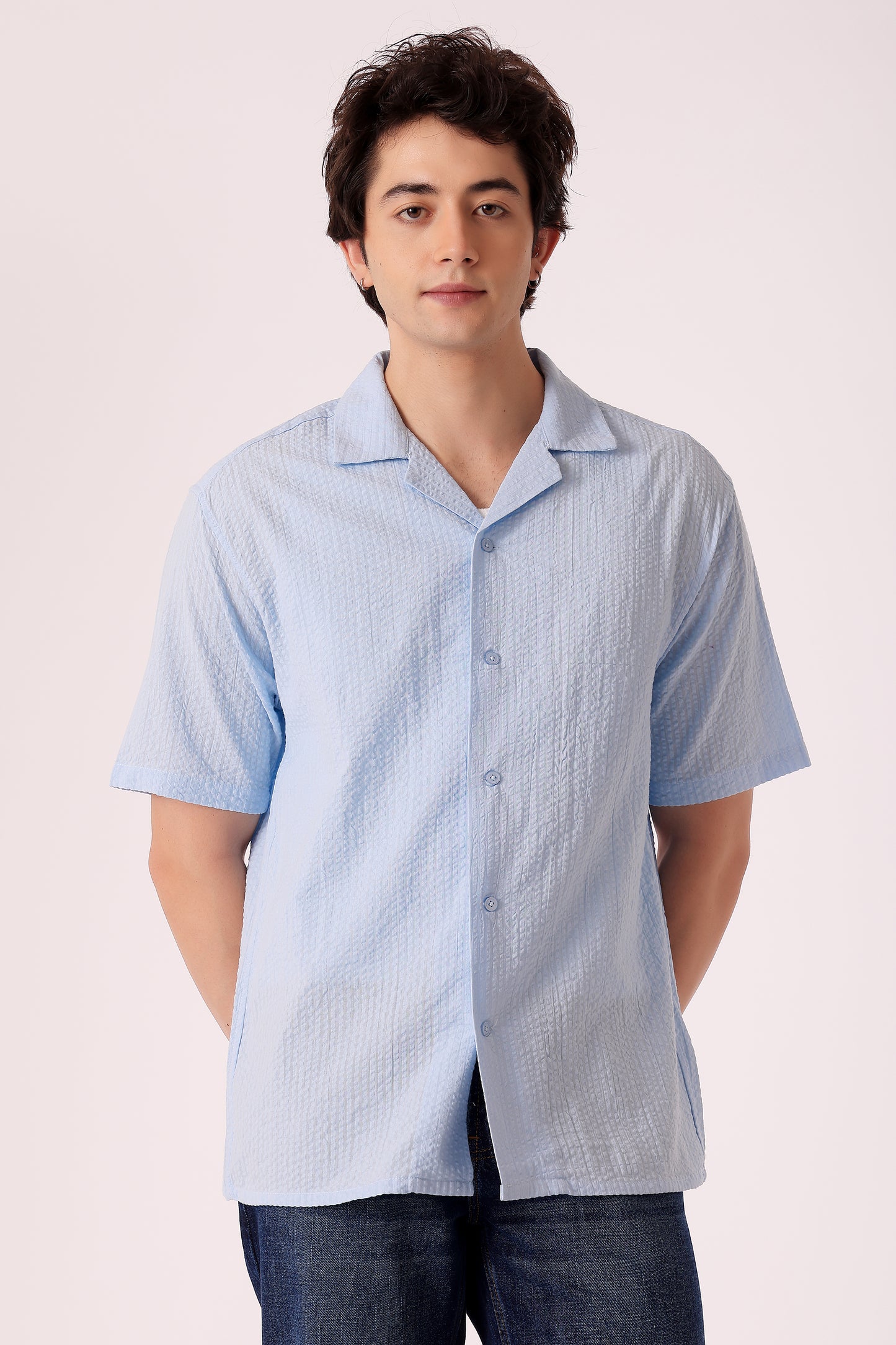 Men's Solid Seersucker Shirt Half Sleeve - Sky Blue