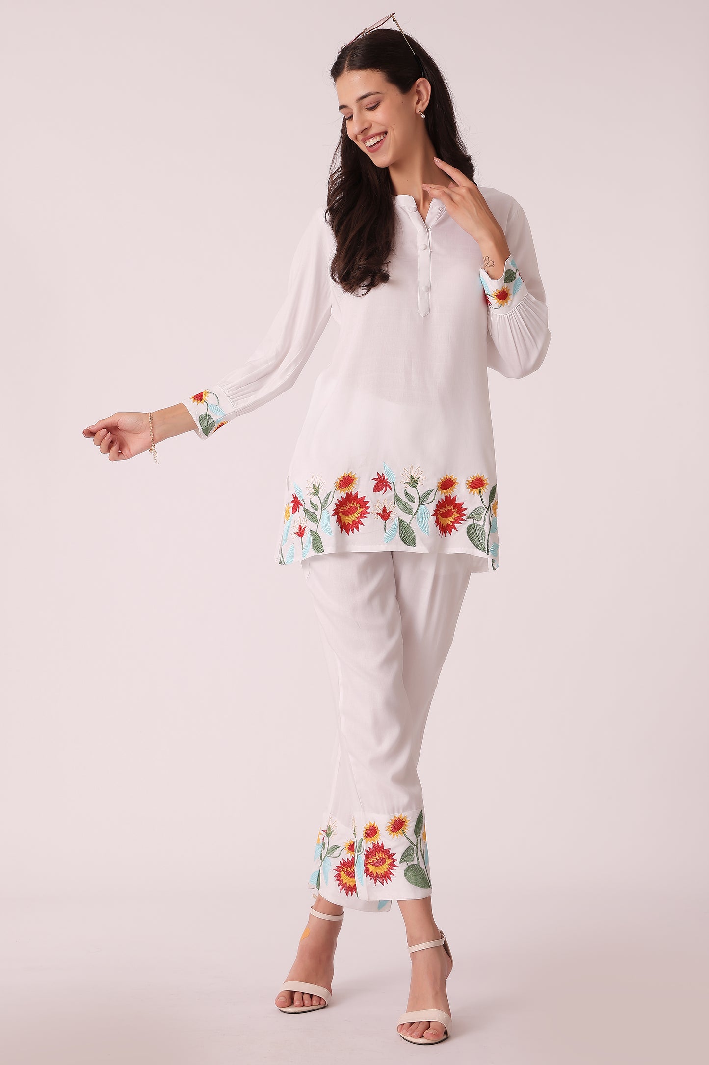 ETHNIC STRAIGHT FIT EMBROIDERY CORD SET - White