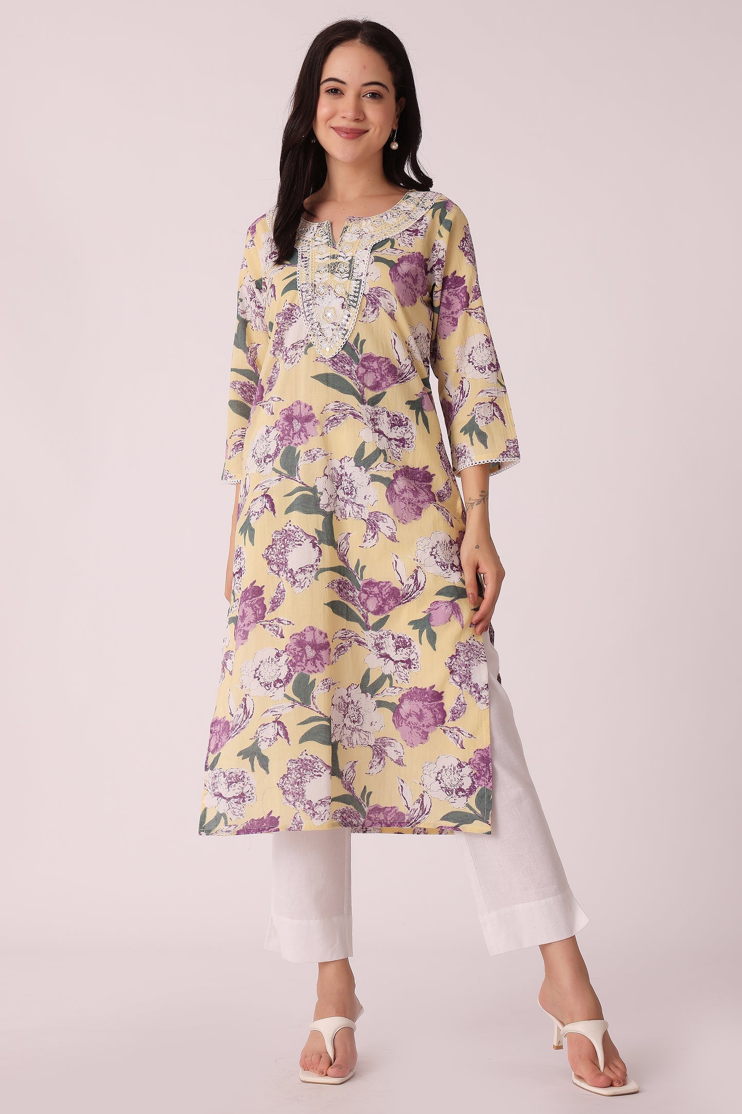 ETHNIC REGULAR FIT EMBROIDERY KURTA - Beige