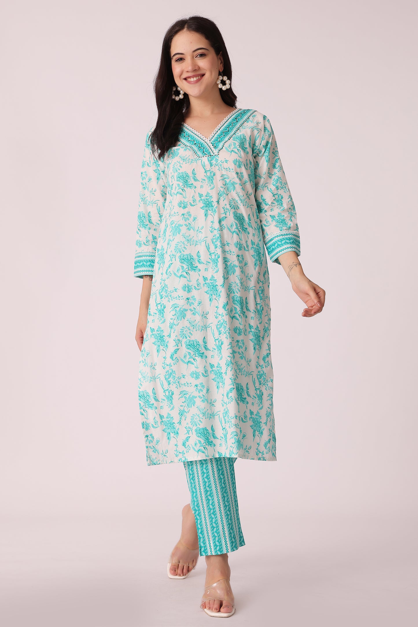ETHNIC STRAIGHT FIT EMBROIDERY 2PCS SET - Teal