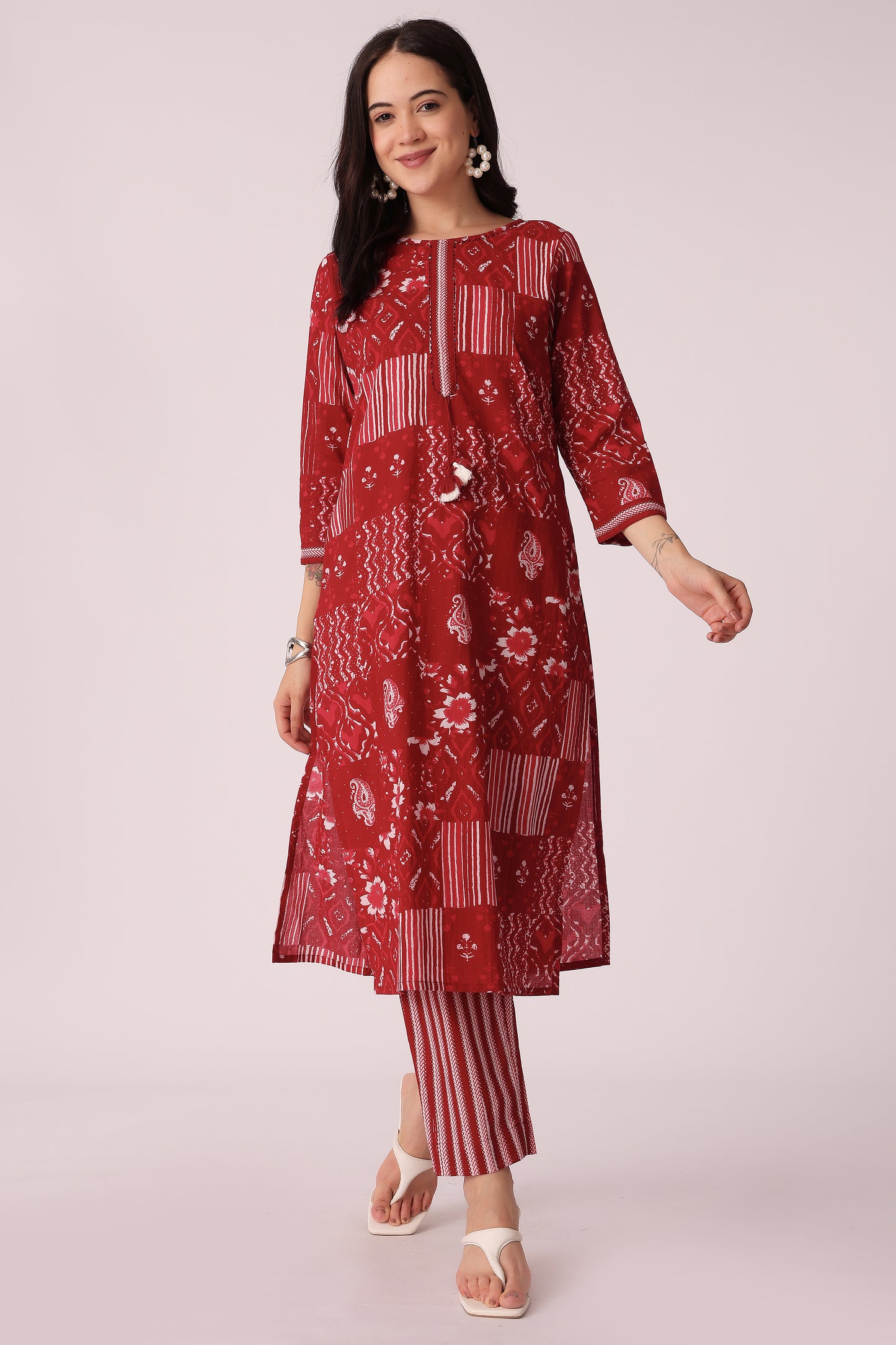 ETHNIC STRAIGHT FIT EMBROIDERY 2PCS SET - Maroon