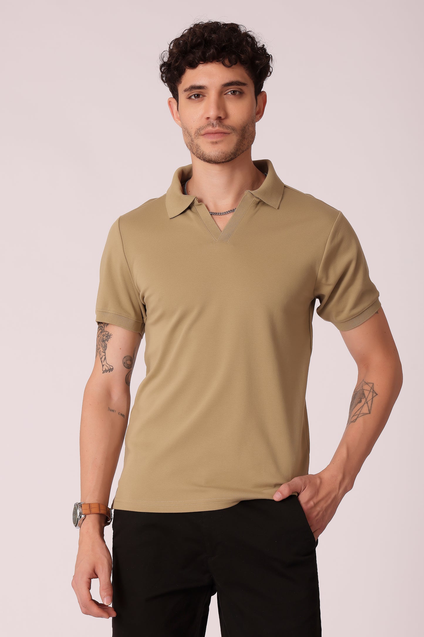 Men's Interlock Johny Collar Polo Tshirt - Light Khaki