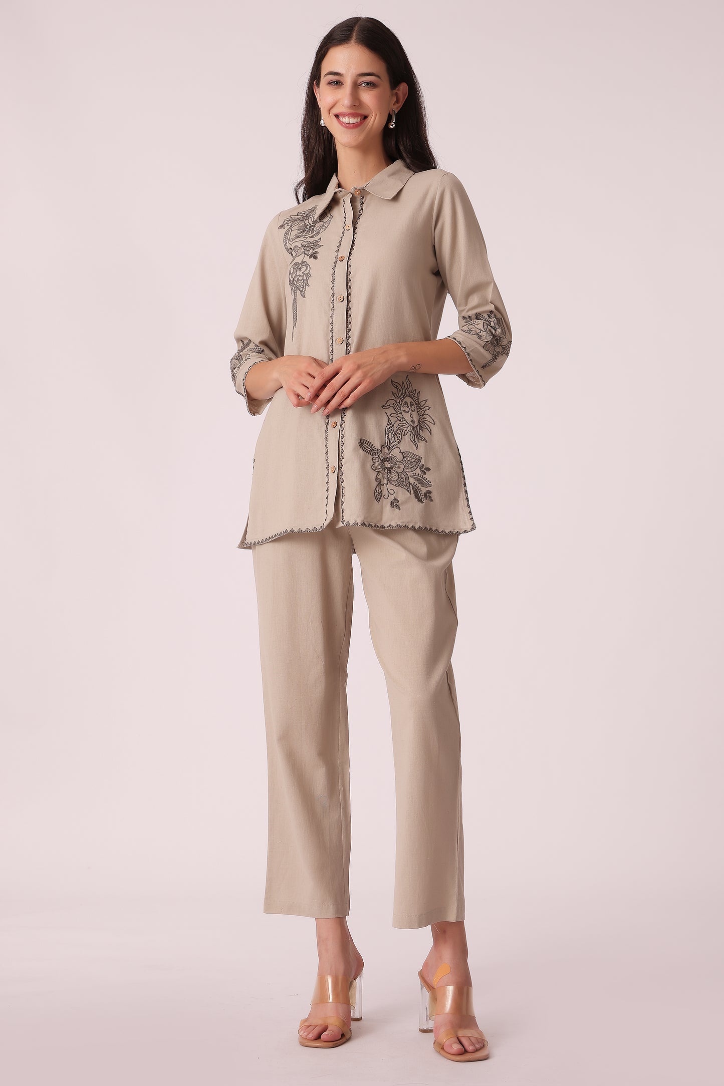 ETHNIC REGULAR FIT EMBROIDERY CORD SET - Beige
