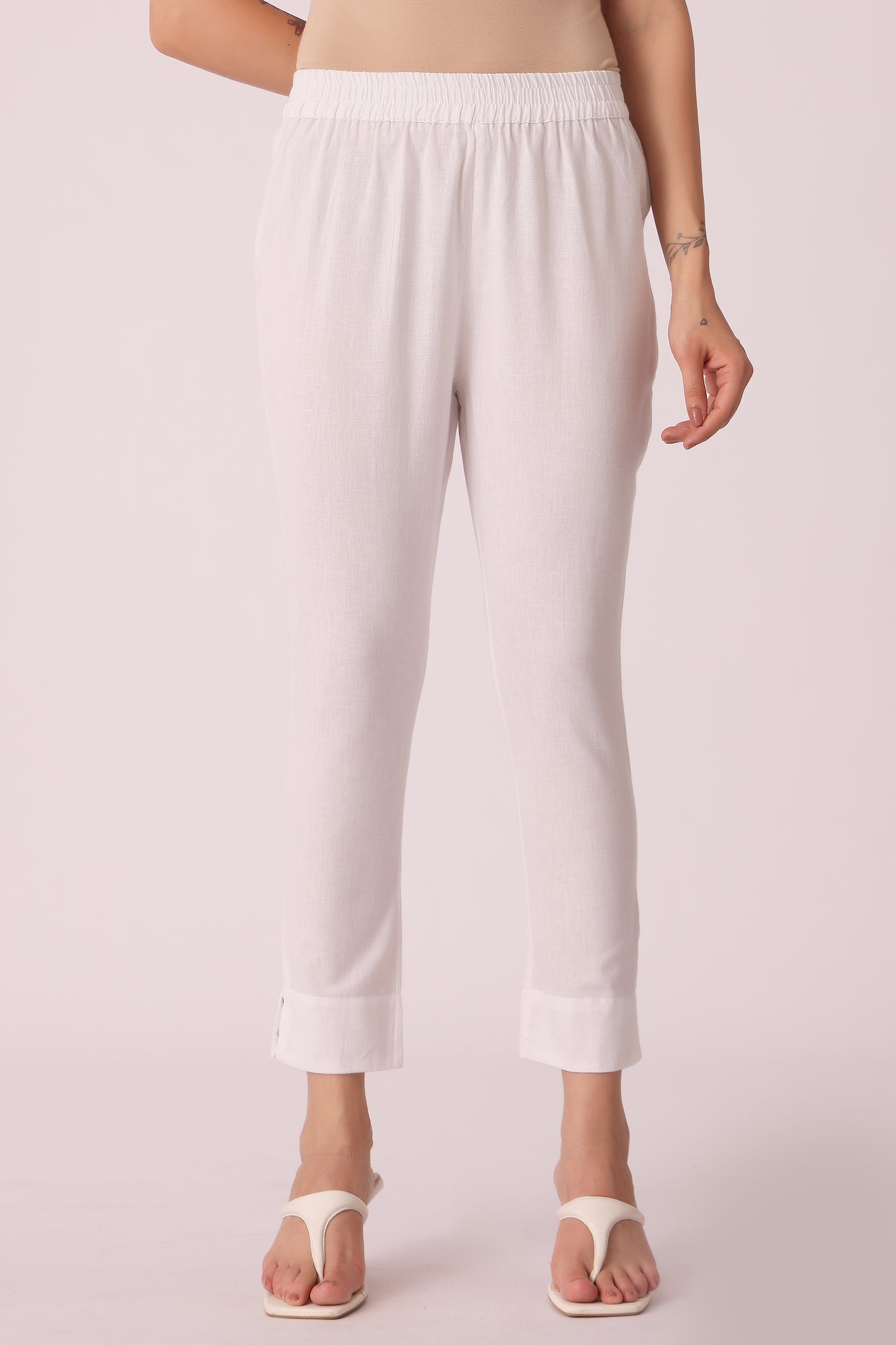ETHNIC REGULAR FIT SOLID PANTS - White