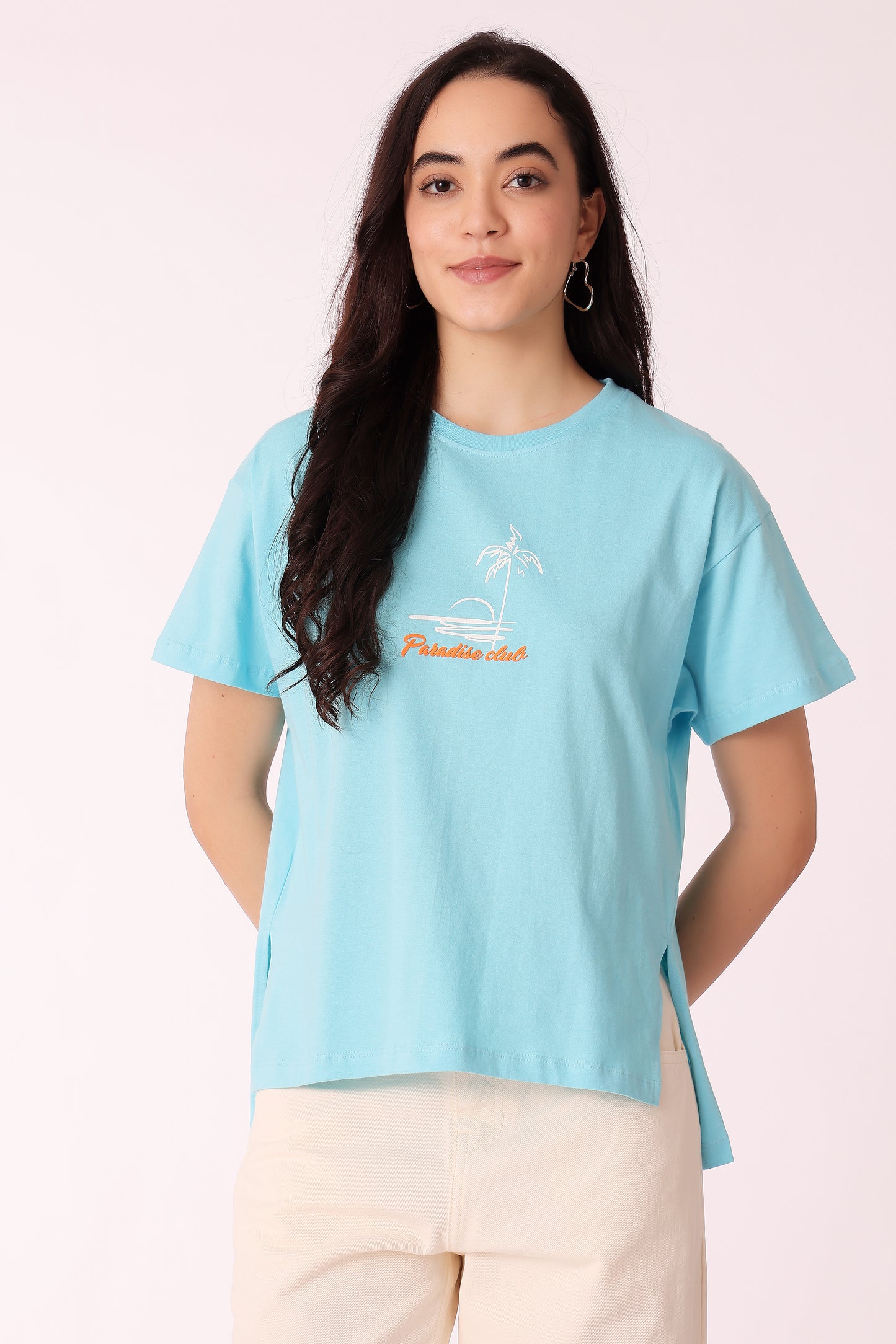 western boxy fit casual printed t-shirts - Sky Blue