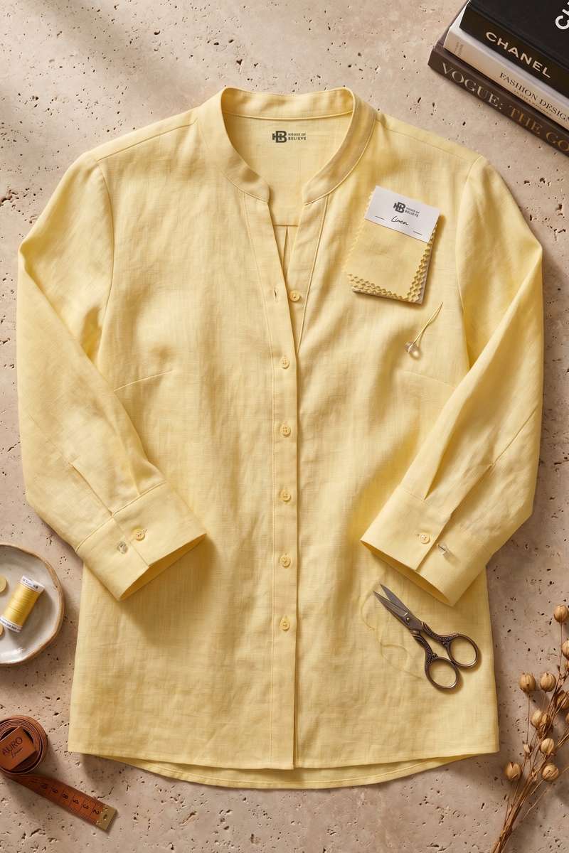 Light Yellow Linen Mandrain Collar Shirt - extra image 4