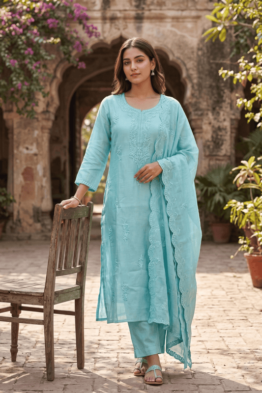 ETHNIC EMBROIDERY CORD SET- Sky Blue