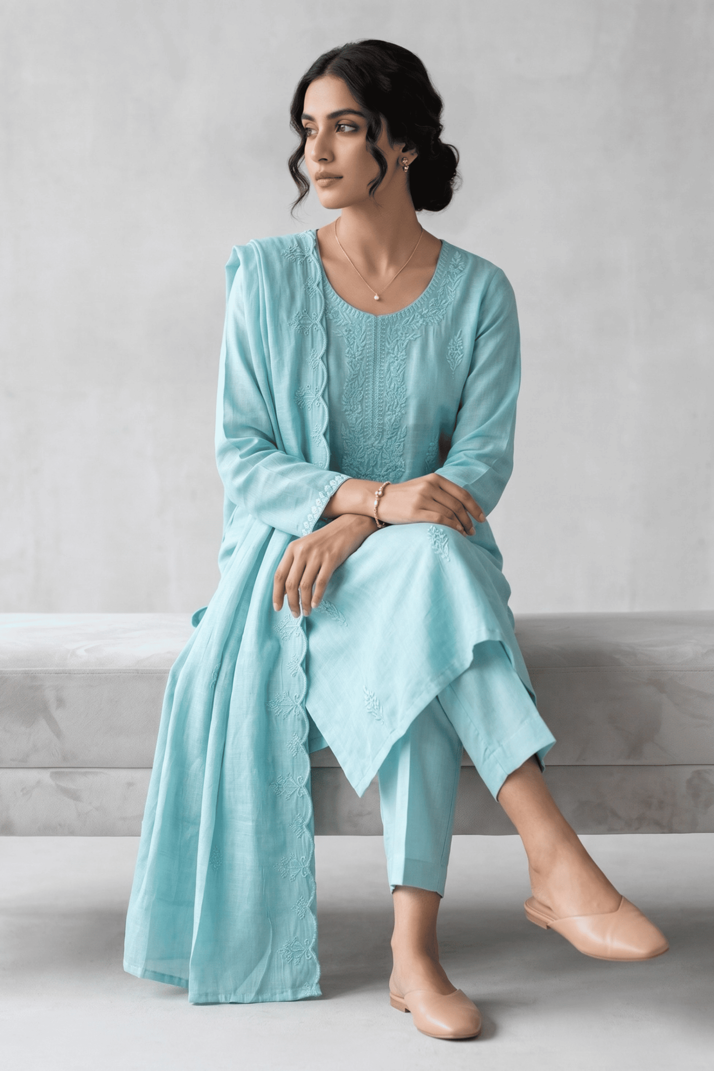 ETHNIC EMBROIDERY CORD SET- Sky Blue