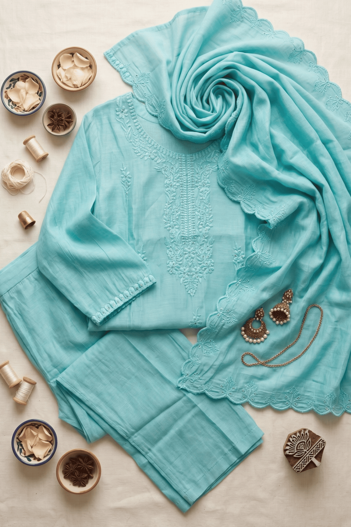 ETHNIC EMBROIDERY CORD SET- Sky Blue