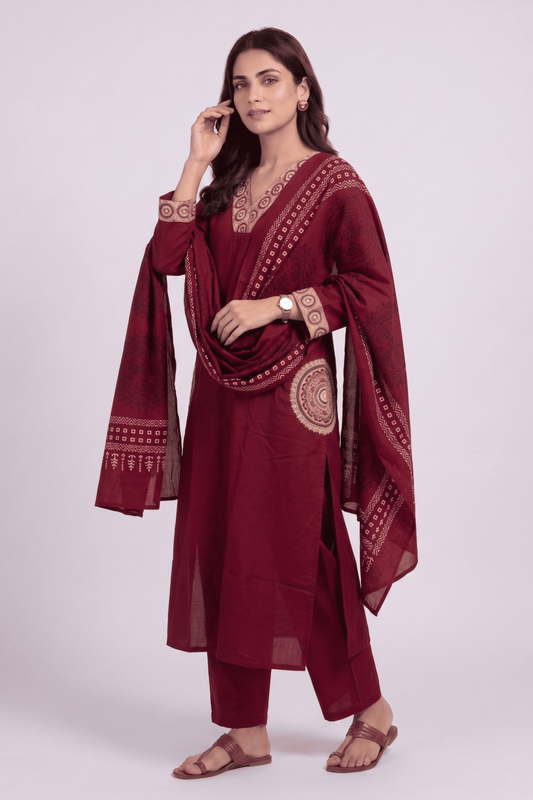ETHNIC EMBROIDERY CORD SET- Maroon