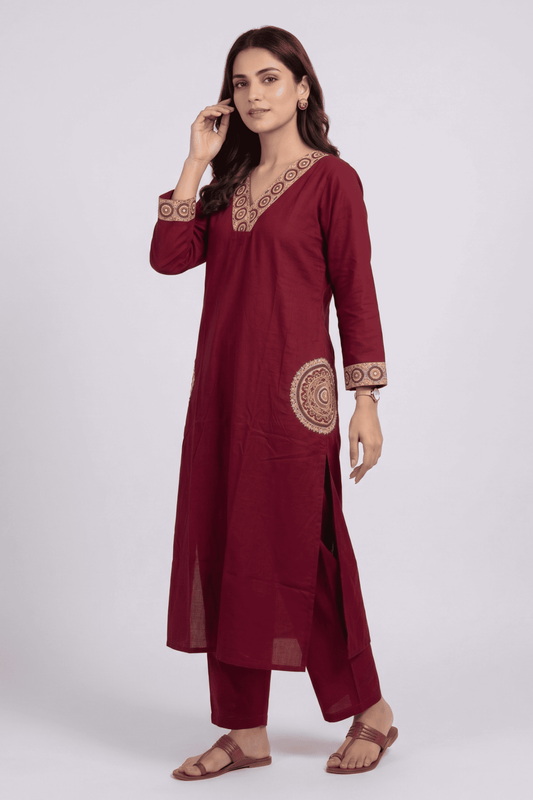 ETHNIC EMBROIDERY CORD SET- Maroon