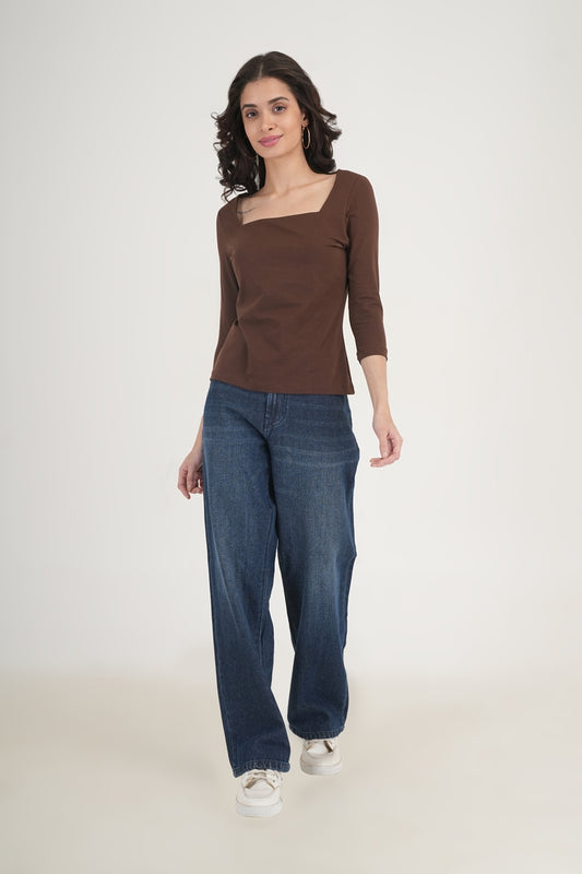 WESTERN REGULAR FIT CASUAL SOLID TOPS - Brown