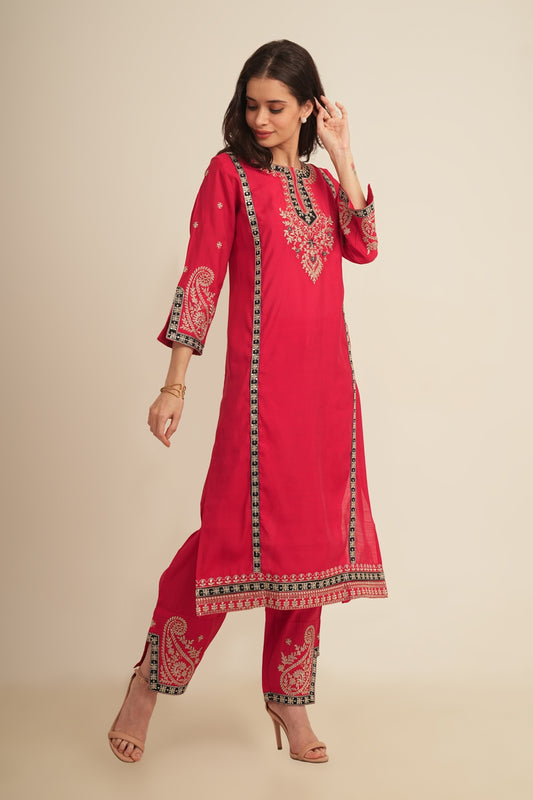 Embroidered  2Pcs Set - Hot Pink