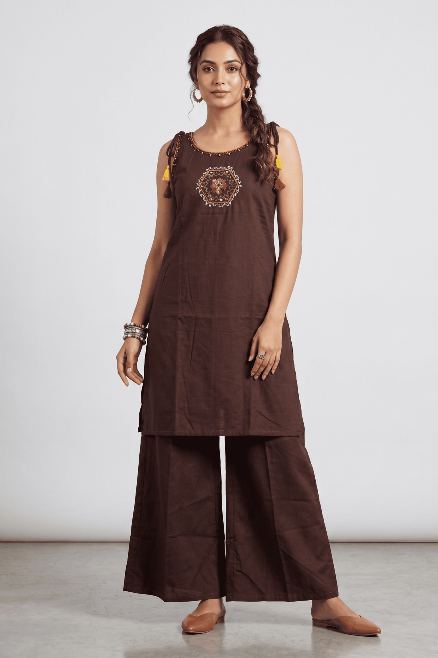 ETHNIC EMBROIDERY CORD SET- Brown