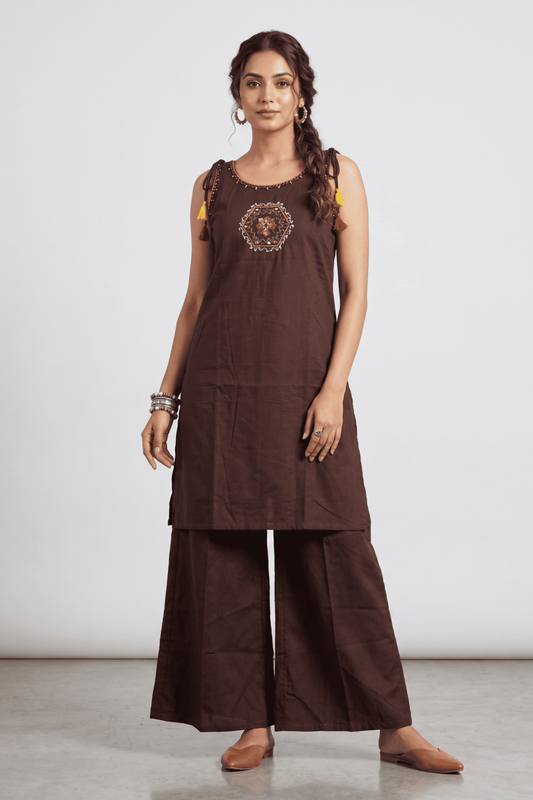 ETHNIC EMBROIDERY CORD SET- Brown