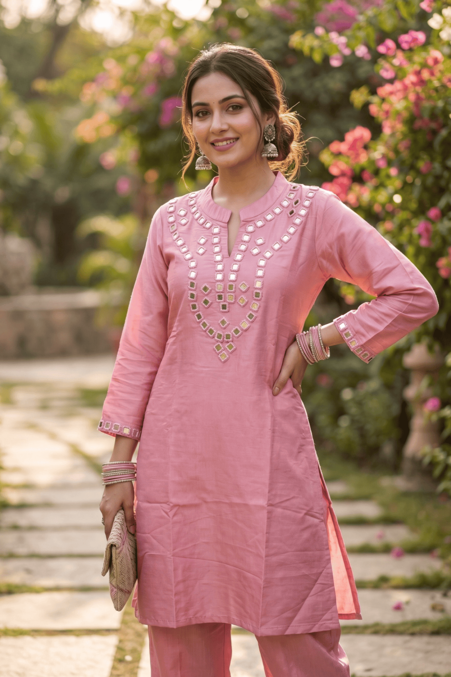 ETHNIC EMBROIDERY CORD SET - Pink