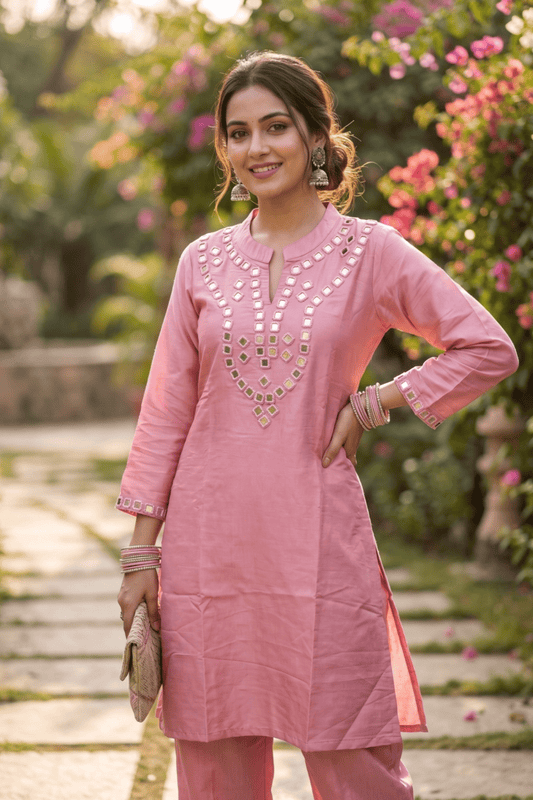 ETHNIC EMBROIDERY CORD SET - Pink