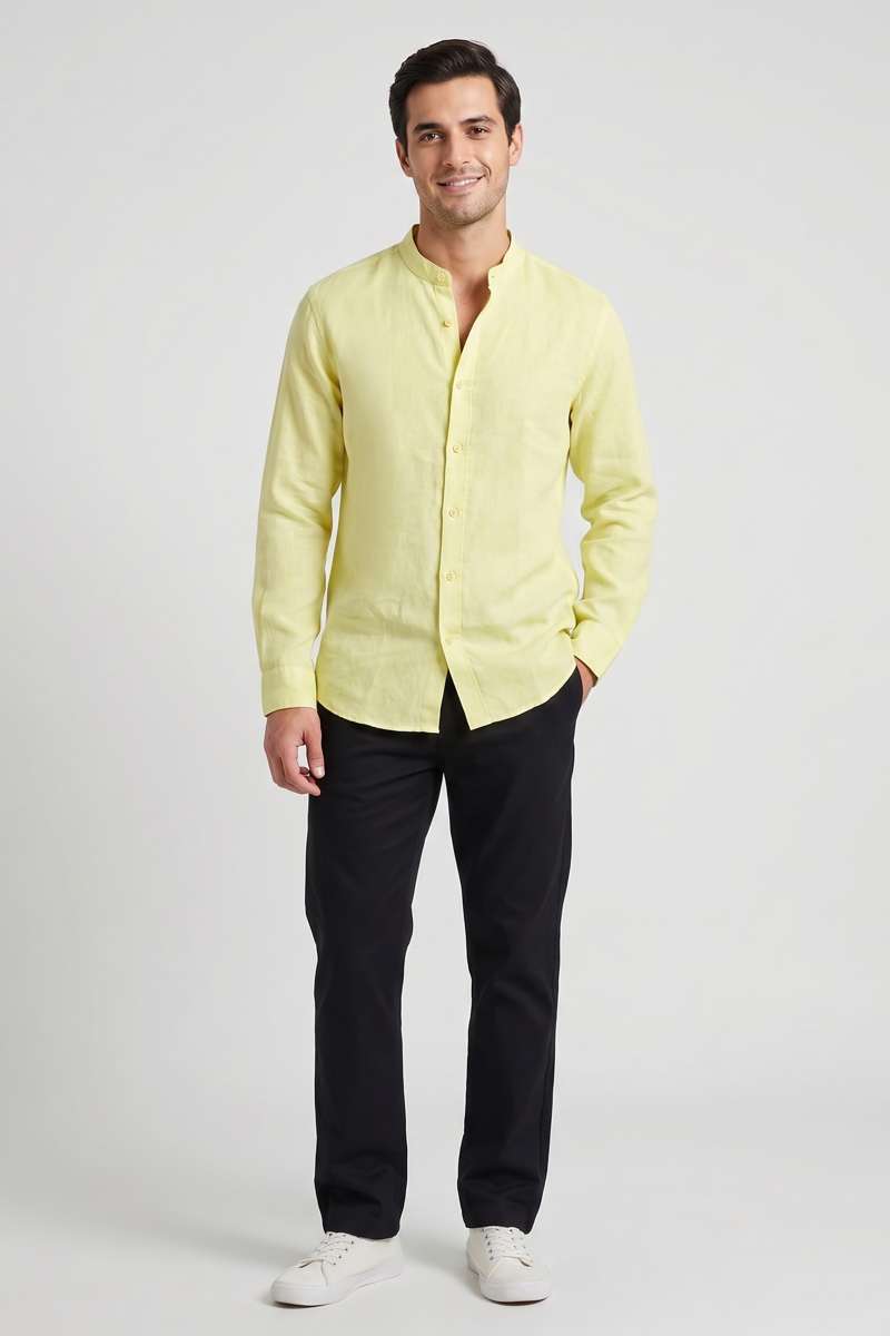 Men's Pure Linen Mandarin Collar Shirt - Lt Yellow