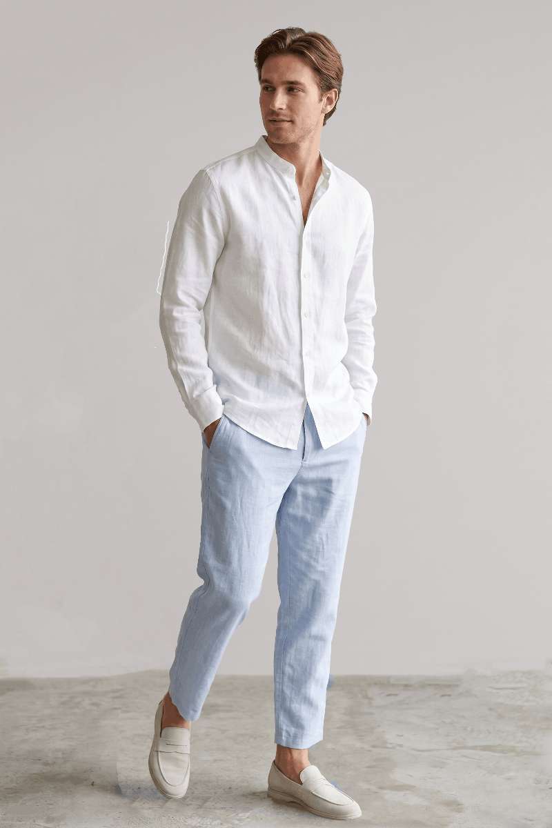 Men's Pure Linen Mandarin Collar Shirt - White