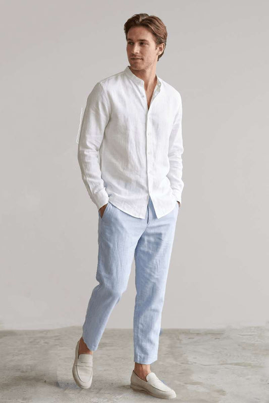 Men's Pure Linen Mandarin Collar Shirt - White