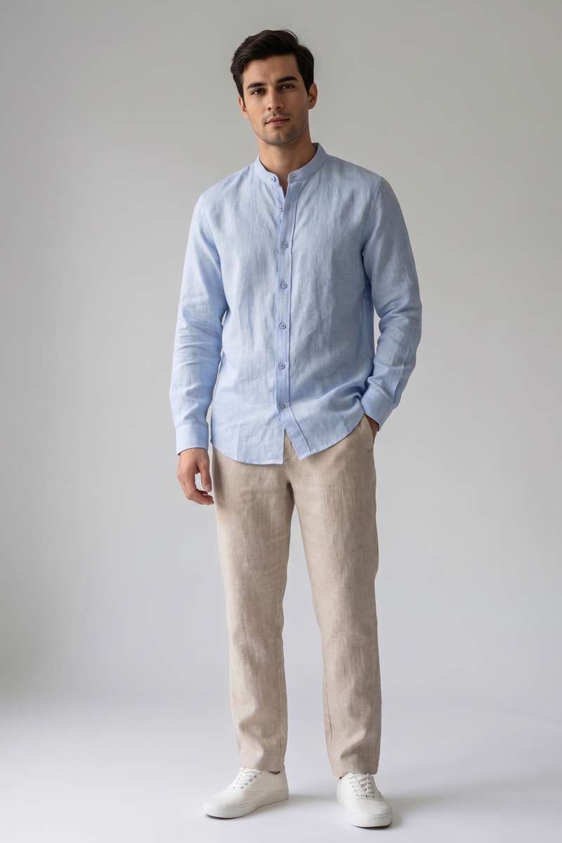 Men's Pure Linen Mandarin Collar Shirt - Sky Blue