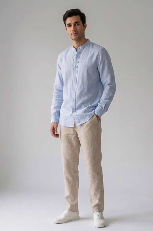 Men's Pure Linen Mandarin Collar Shirt - extra image 2