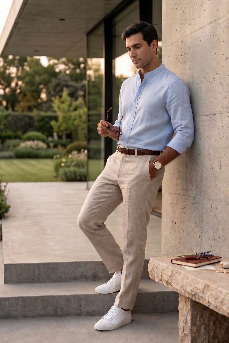 Men's Pure Linen Mandarin Collar Shirt - extra image 3