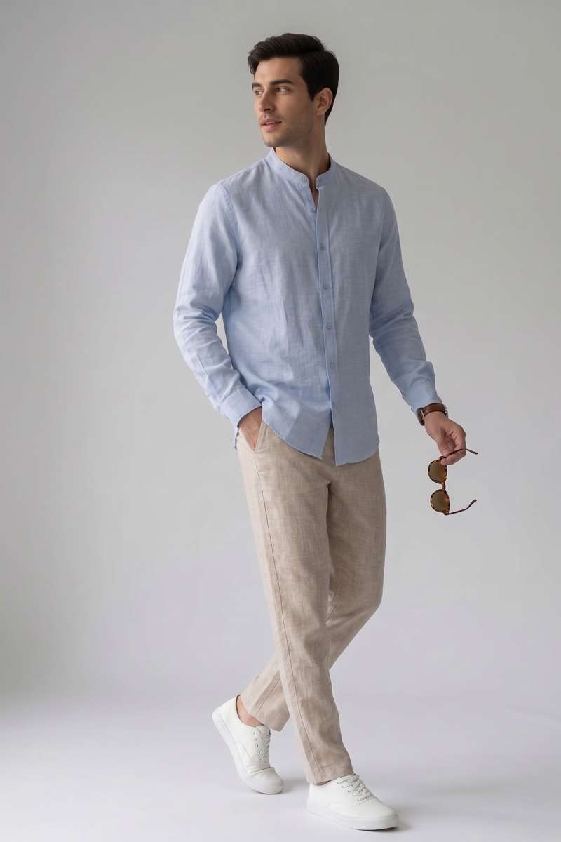 Men's Pure Linen Mandarin Collar Shirt - extra image 4