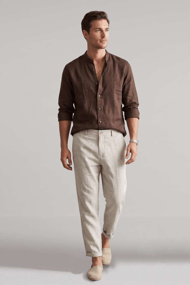 Men's Pure Linen Mandarin Collar Shirt - Dark Brown