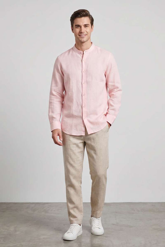Men's Pure Linen Mandarin Collar Shirt - Lt Pink