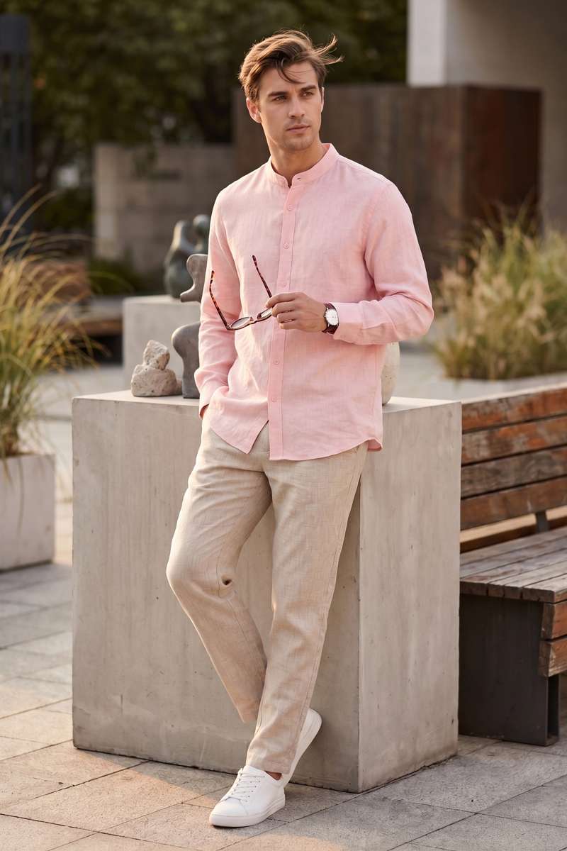 Men's Pure Linen Mandarin Collar Shirt - extra image 2
