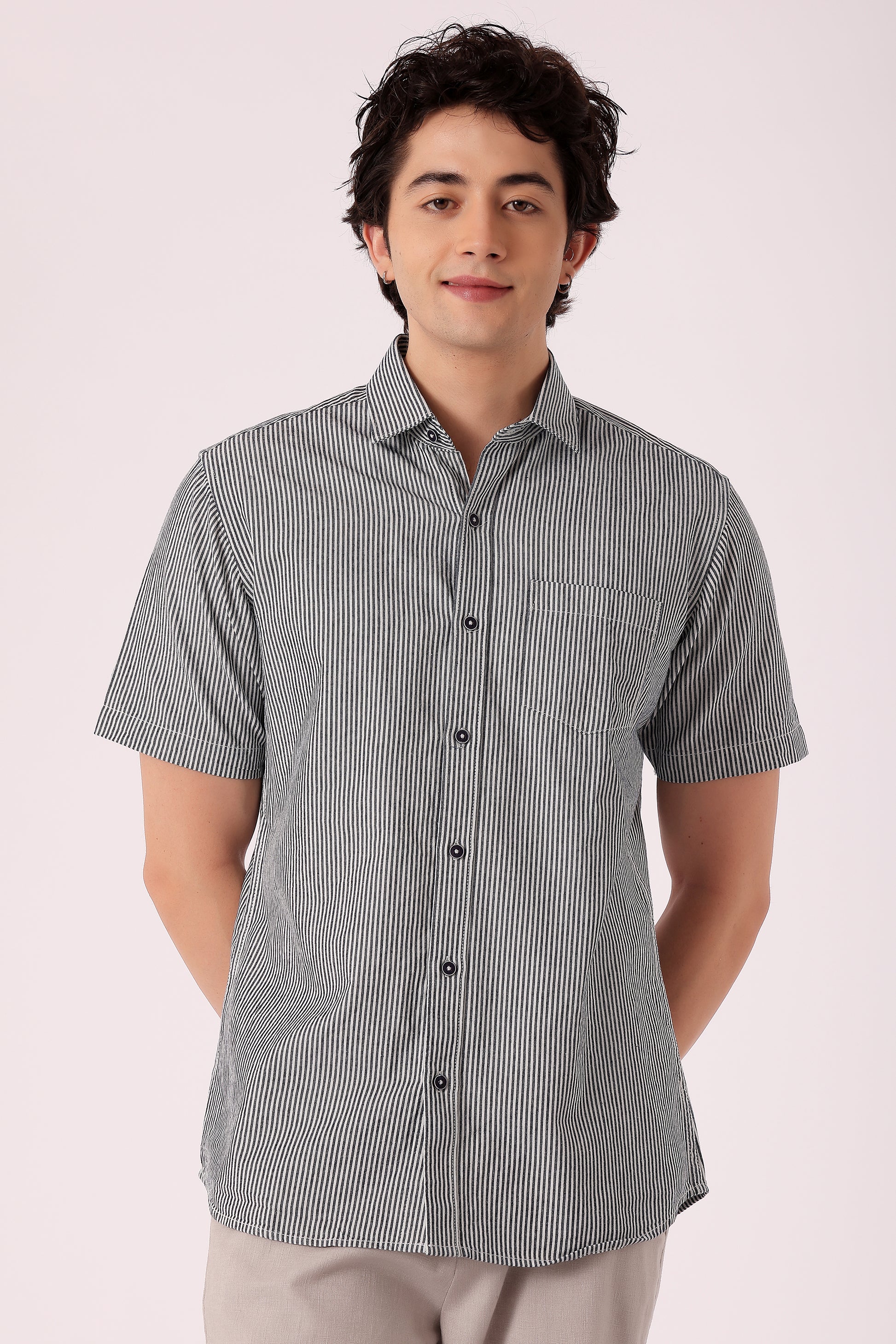 Men's cotton Stripe Shirt Half Sleeve - Black