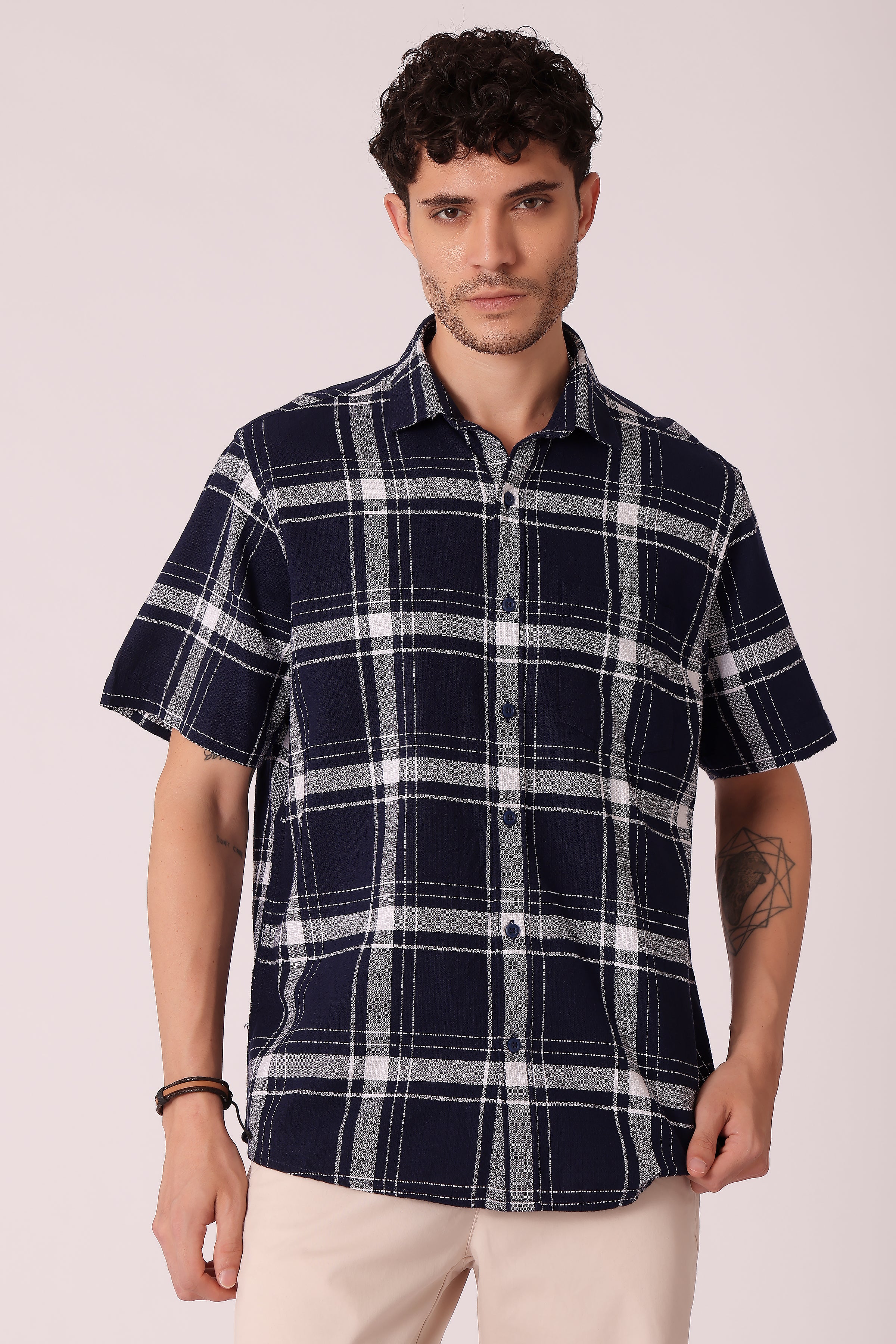 Men's cotton Checks Shirt Half Sleeve - Navy