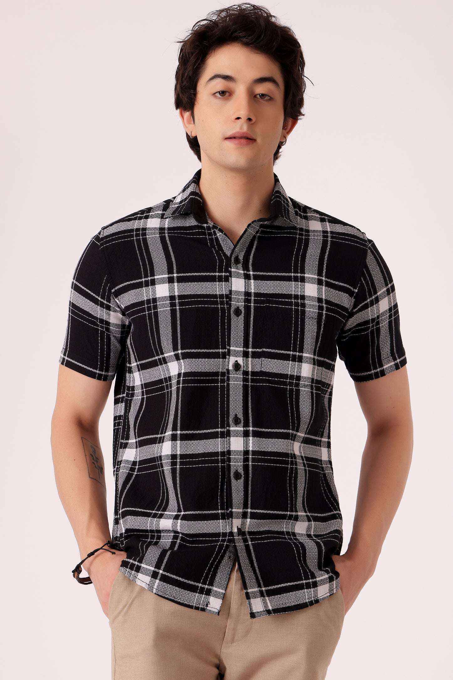 Men's cotton Checks Shirt Half Sleeve - Black