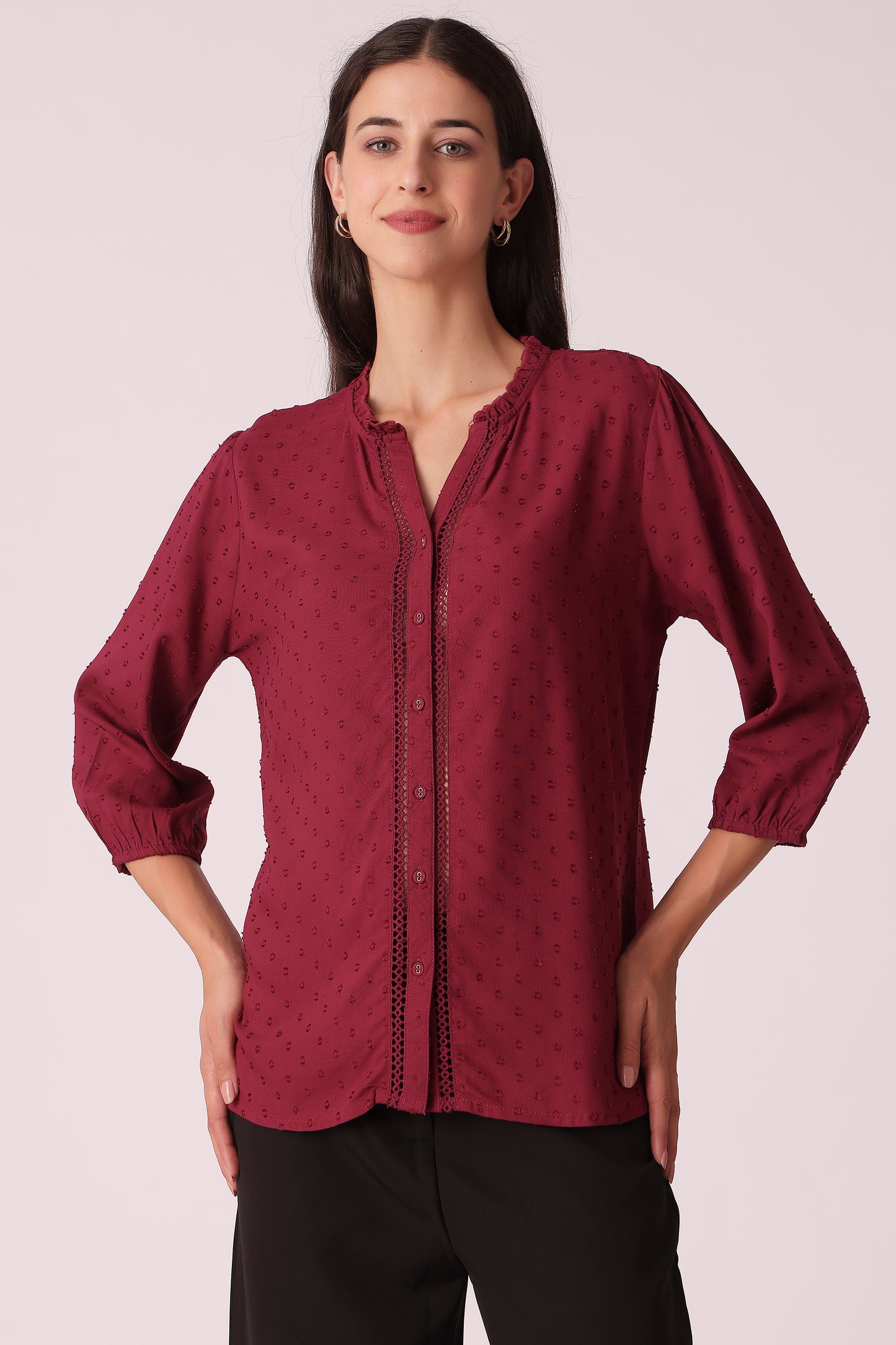 women textured lace shirt - Wine