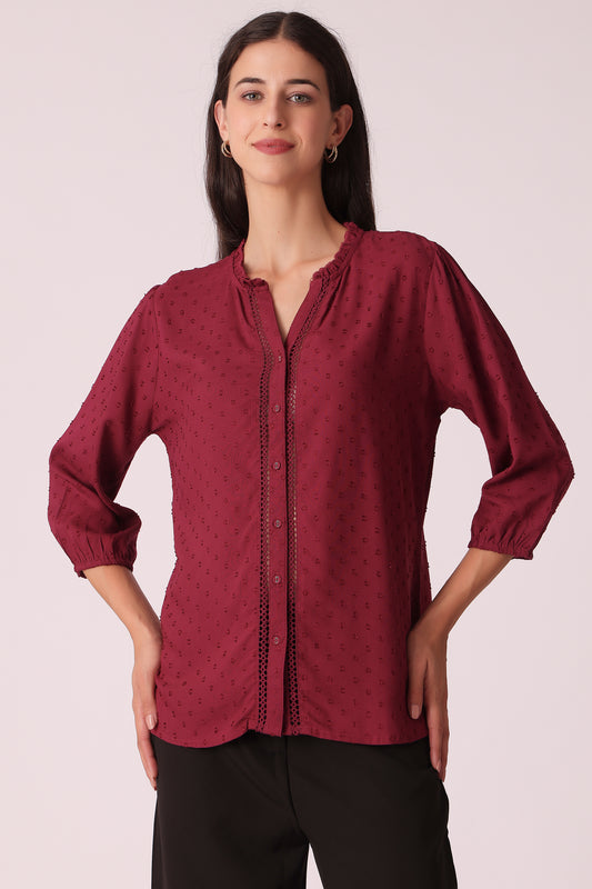 women textured lace shirt - Wine