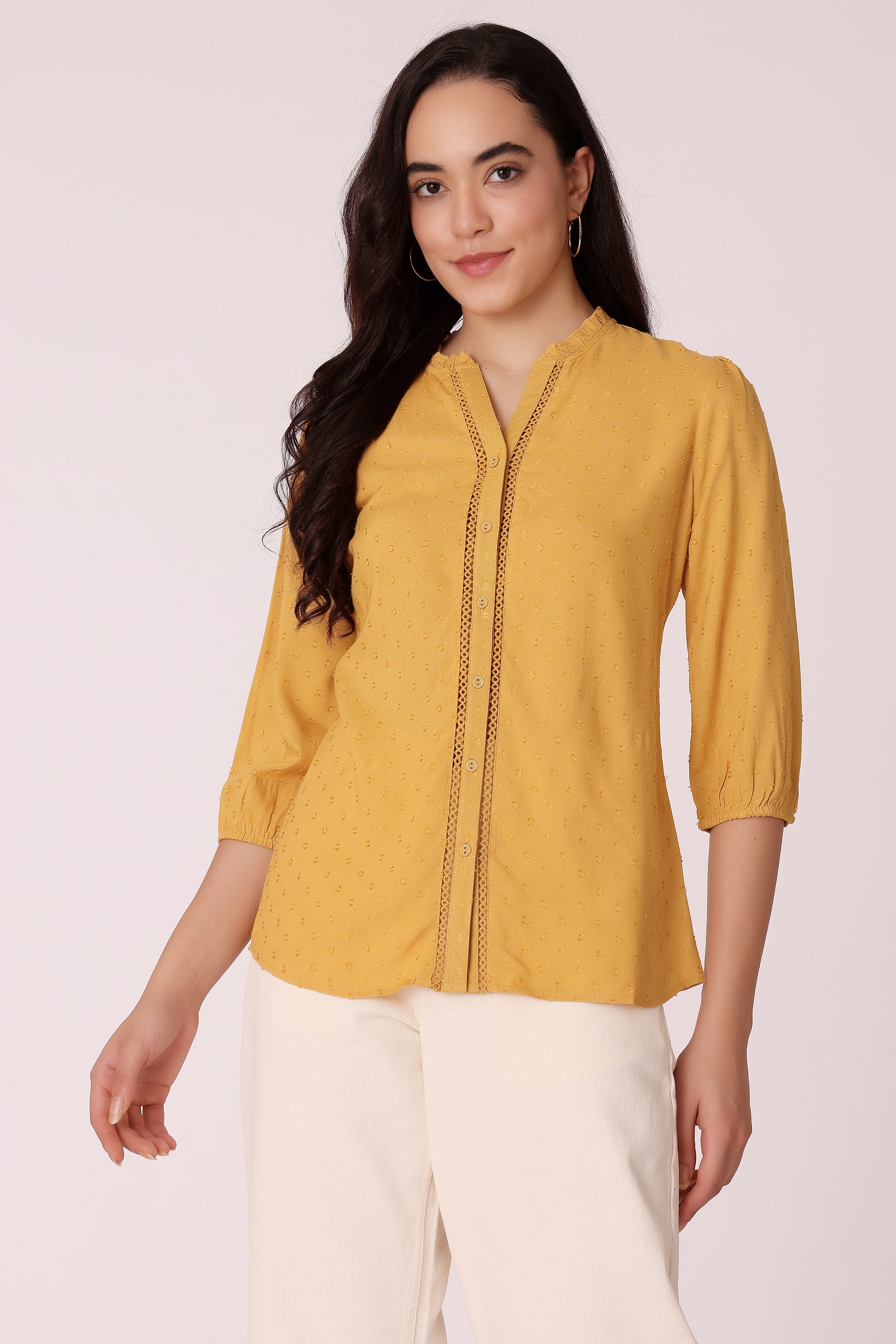 women textured lace shirt - Mustard