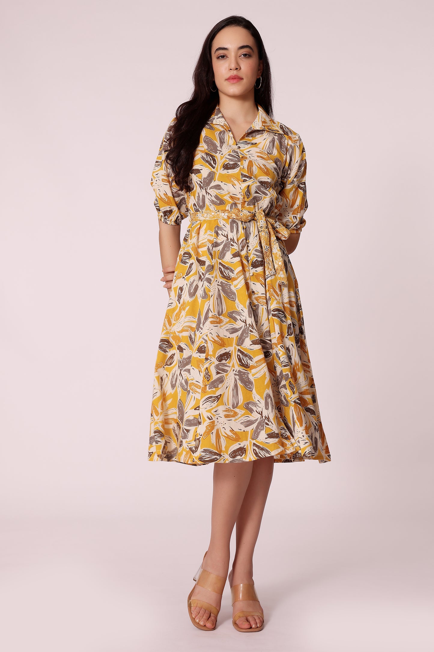all-over printed belted midi dress - Mustard