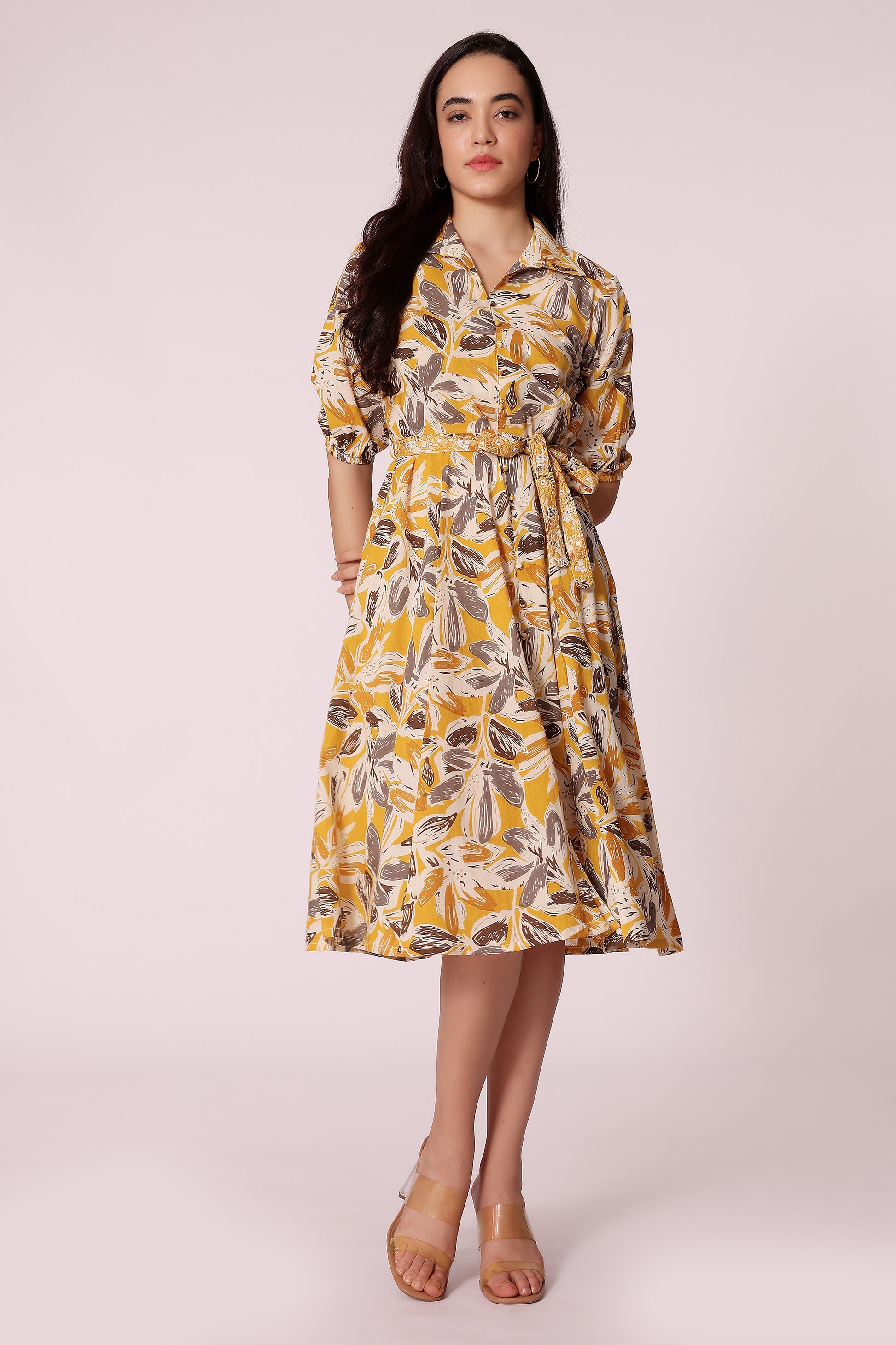 all-over printed belted midi dress - Mustard