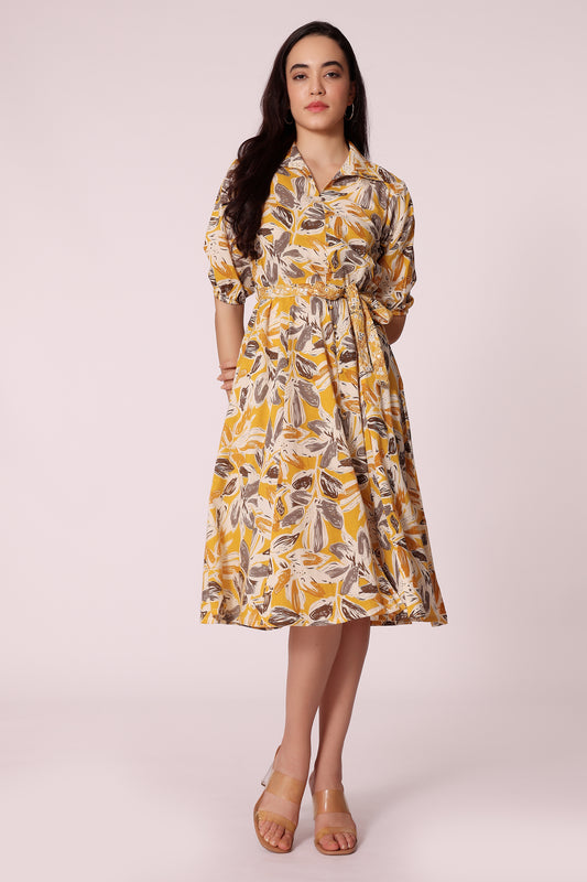 all-over printed belted midi dress - Mustard