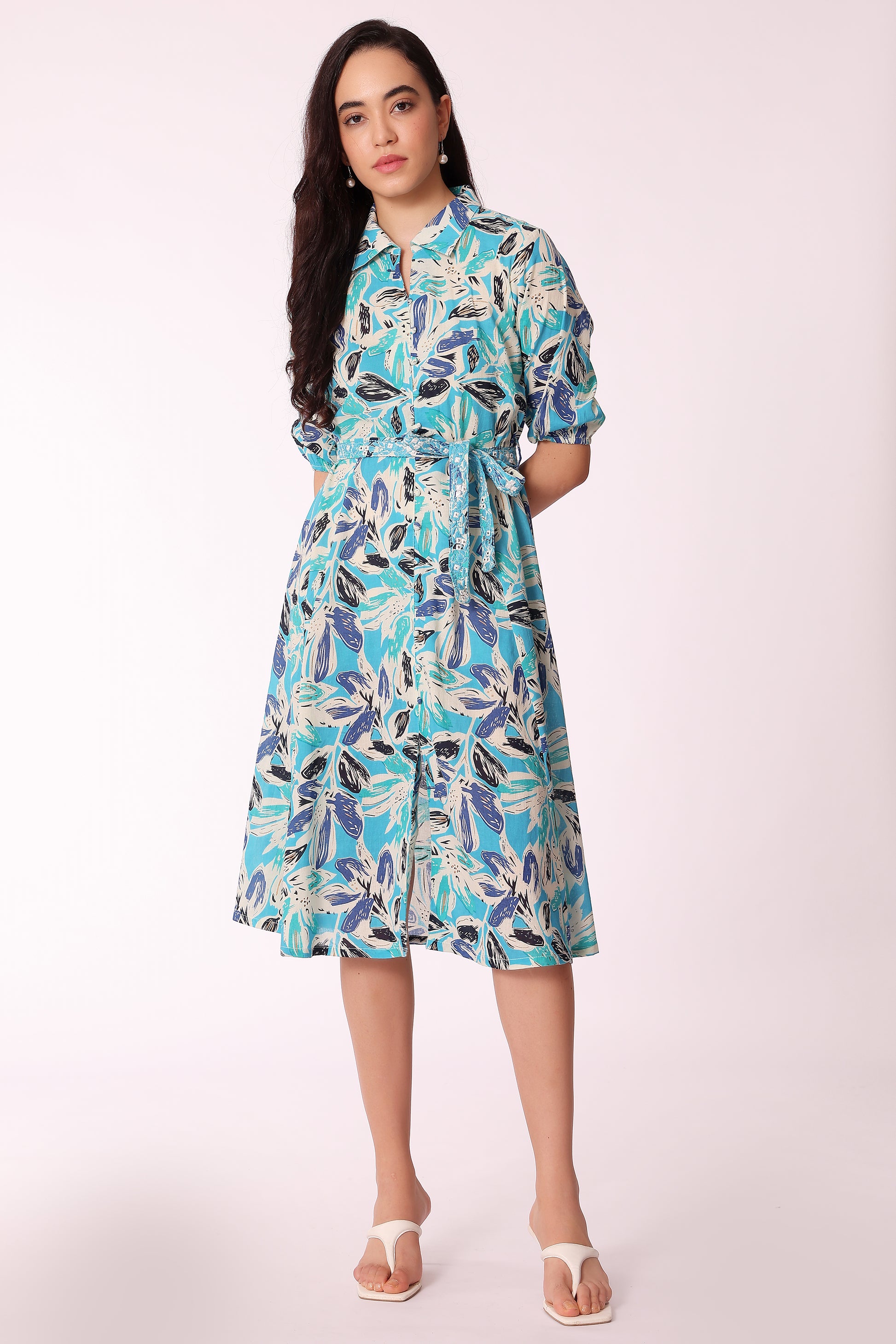 all-over printed belted midi dress - Teal