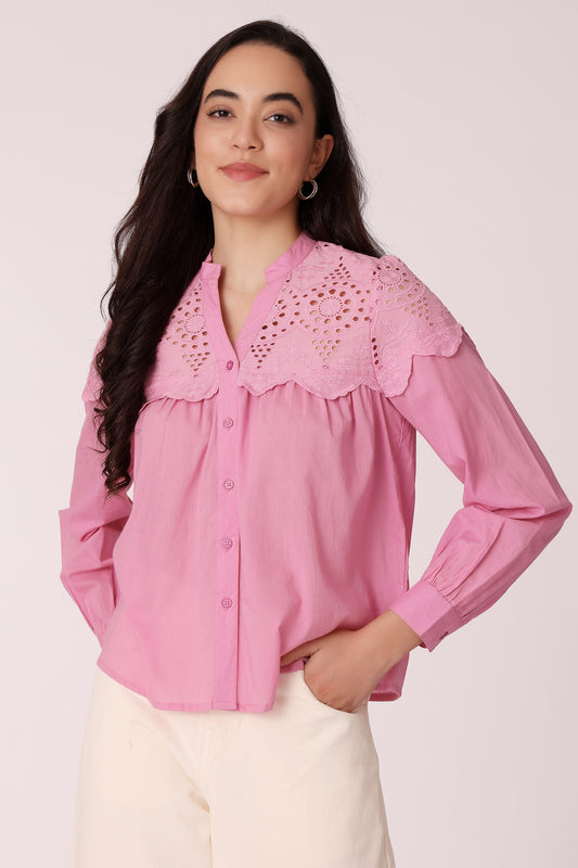 women schiffli lace yoke button-down shirt - Dusty Pink