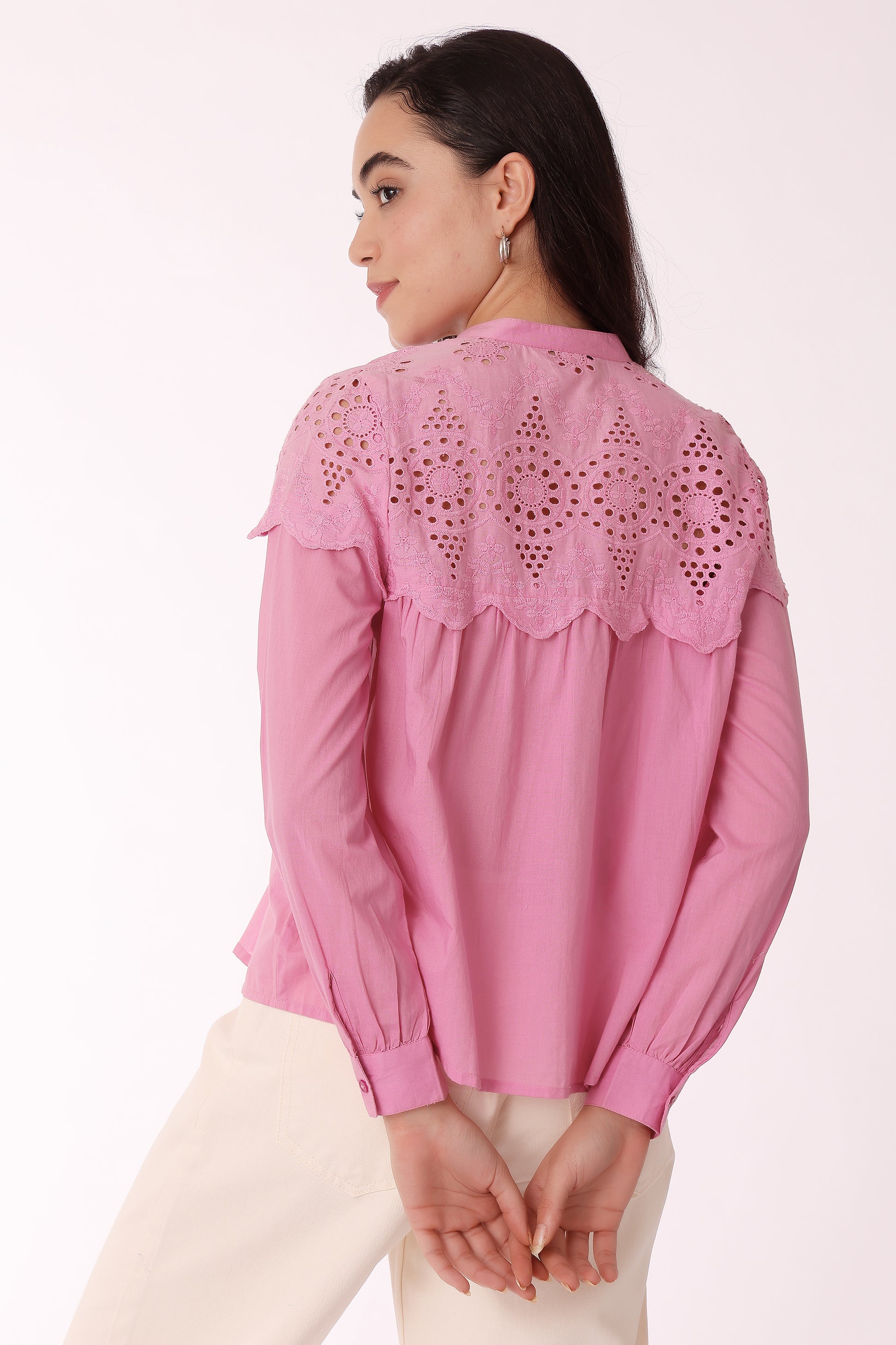 women schiffli lace yoke button-down shirt - extra image 2